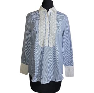 Banana Republic blue white stripe lace bib blouse half button long sleeve XS